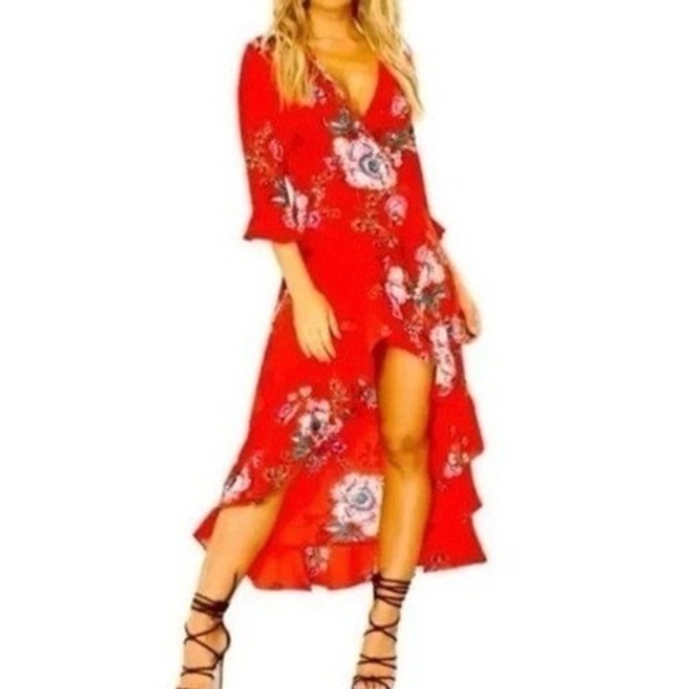 Haute Project LA Red Floral Wrap High Low Maxi Dress XL Boho Ruffle Sleeve